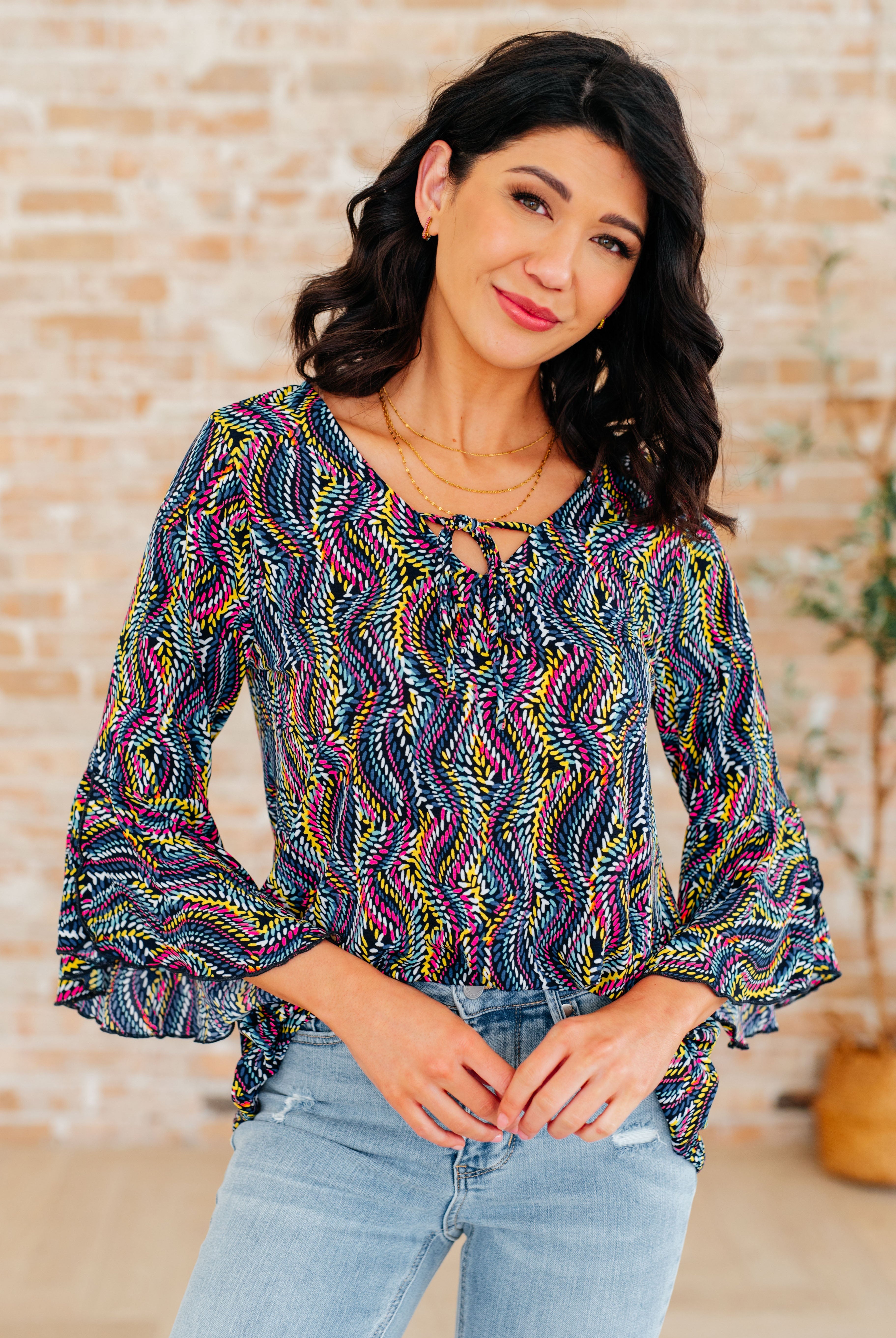 Willow Bell Sleeve Top in Navy Rainbow Rope-Long Sleeve Tops-Krush Kandy, Women's Online Fashion Boutique Located in Phoenix, Arizona (Scottsdale Area)