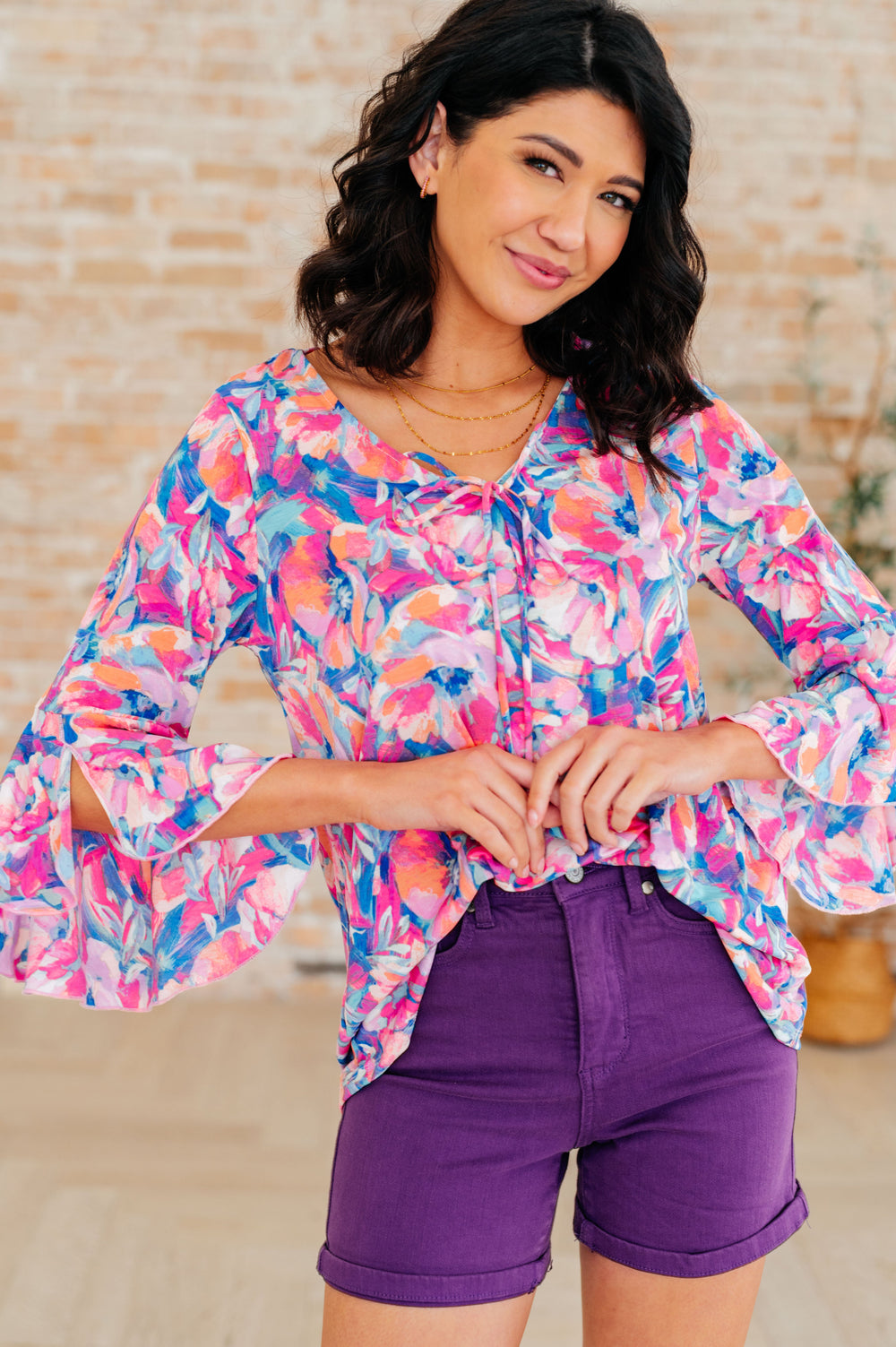 Willow Bell Sleeve Top in Royal Brushed Floral-Long Sleeve Tops-Krush Kandy, Women's Online Fashion Boutique Located in Phoenix, Arizona (Scottsdale Area)