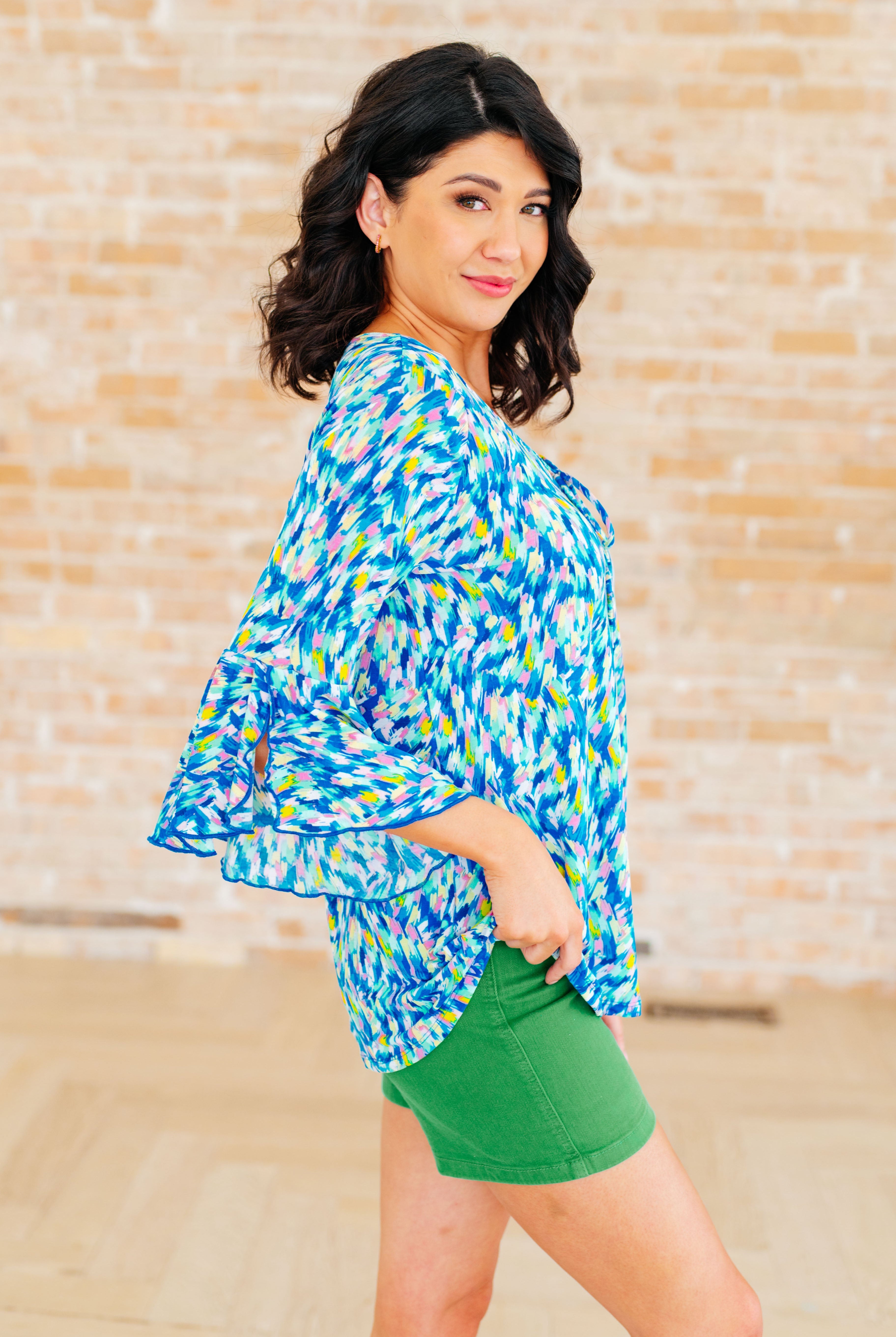 Willow Bell Sleeve Top in Royal Brushed Multi-Long Sleeve Tops-Krush Kandy, Women's Online Fashion Boutique Located in Phoenix, Arizona (Scottsdale Area)