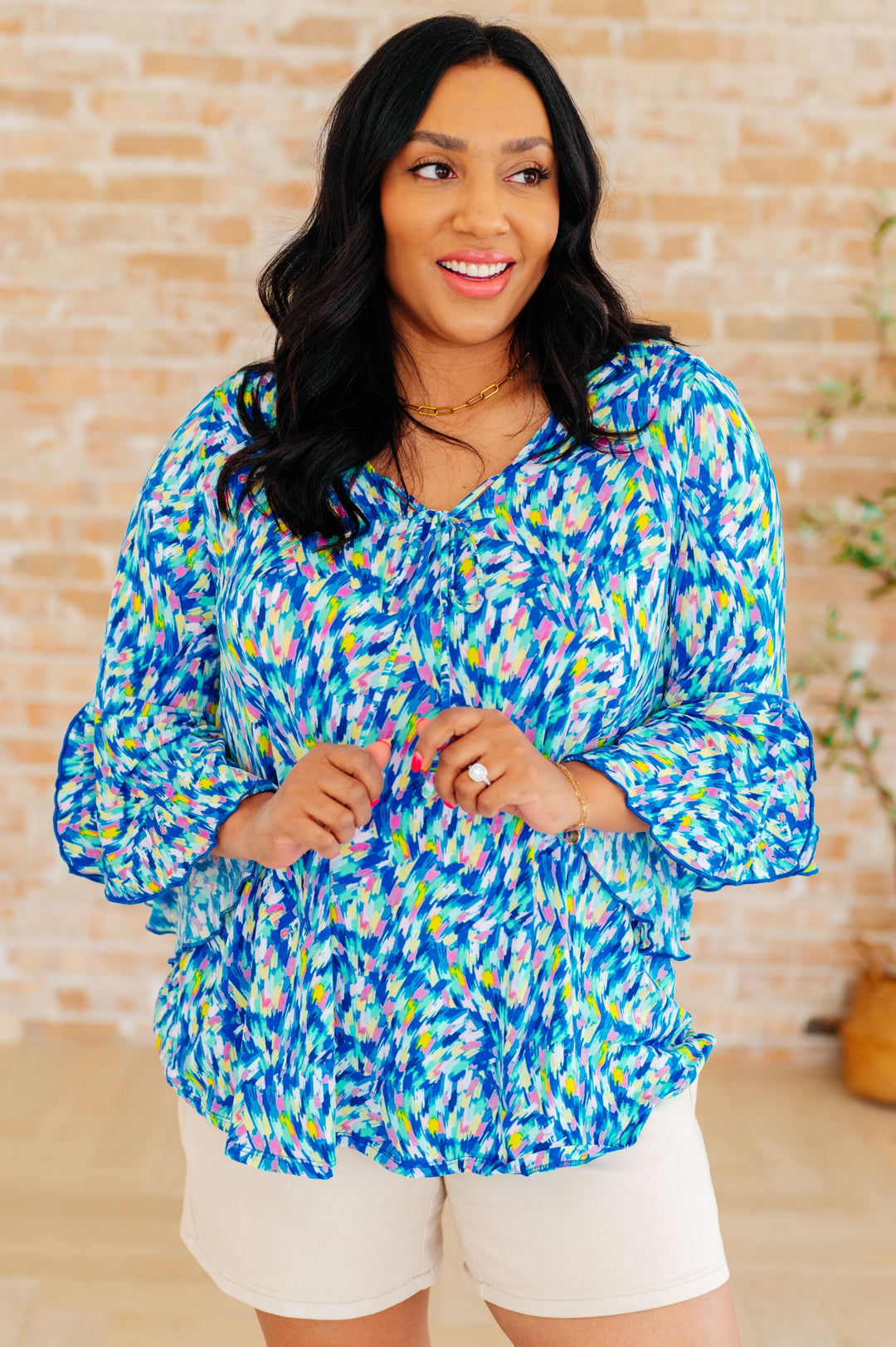 Willow Bell Sleeve Top in Royal Brushed Multi-Long Sleeve Tops-Krush Kandy, Women's Online Fashion Boutique Located in Phoenix, Arizona (Scottsdale Area)