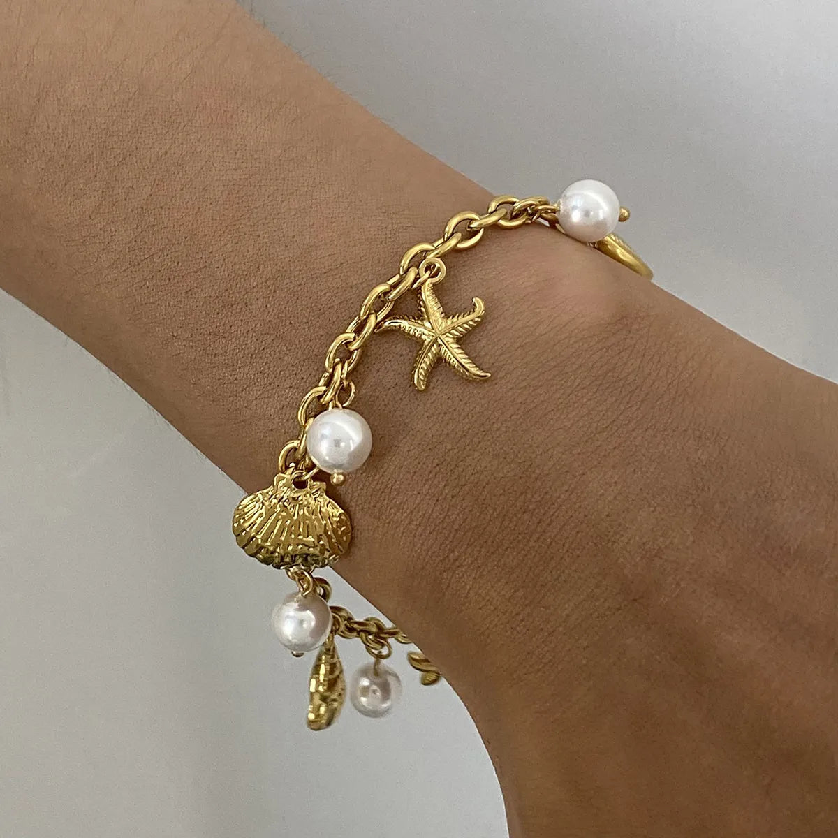 Ocean Theme Stainless Steel Chain Bracelet with Seashell and Starfish Pendants-Bracelets-Krush Kandy, Women's Online Fashion Boutique Located in Phoenix, Arizona (Scottsdale Area)
