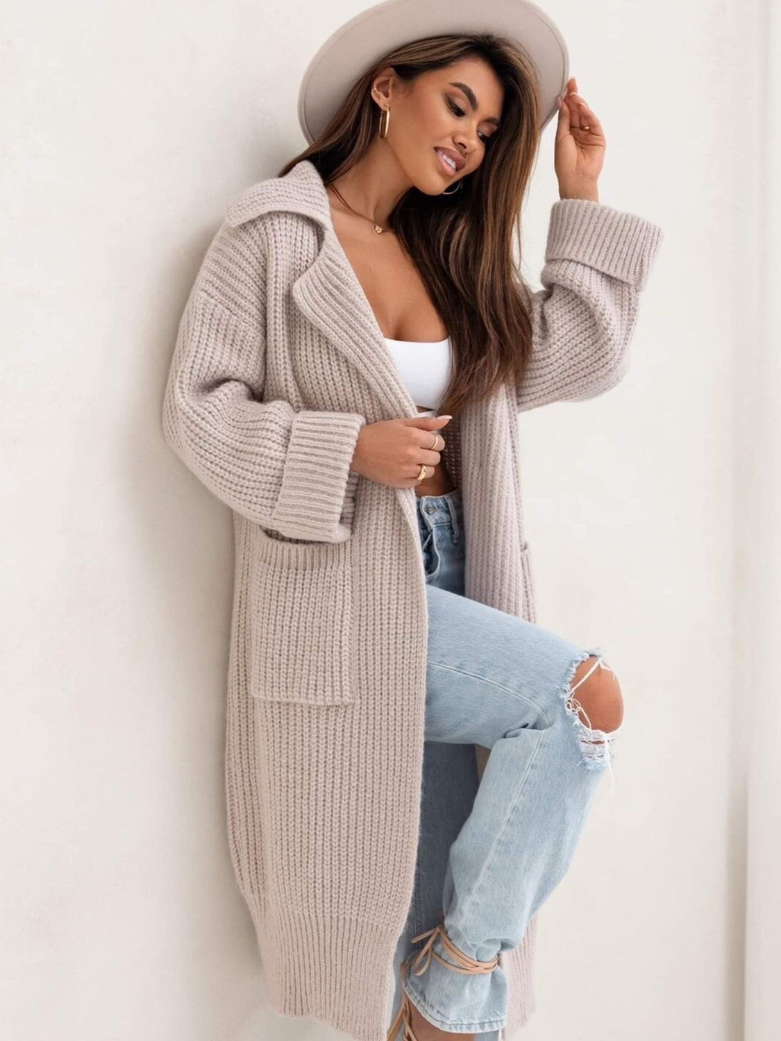 Pocketed Collared Neck Dropped Shoulder Cardigan-Krush Kandy, Women's Online Fashion Boutique Located in Phoenix, Arizona (Scottsdale Area)