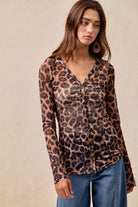 BiBi Leopard Printed Mesh Shirt With Button Up V Neck-Tops-Krush Kandy, Women's Online Fashion Boutique Located in Phoenix, Arizona (Scottsdale Area)