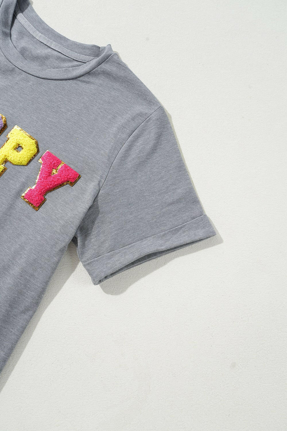 HOPPY Chenille Patch Round Neck Short Sleeve T-Shirt-Graphic Tees-Krush Kandy, Women's Online Fashion Boutique Located in Phoenix, Arizona (Scottsdale Area)