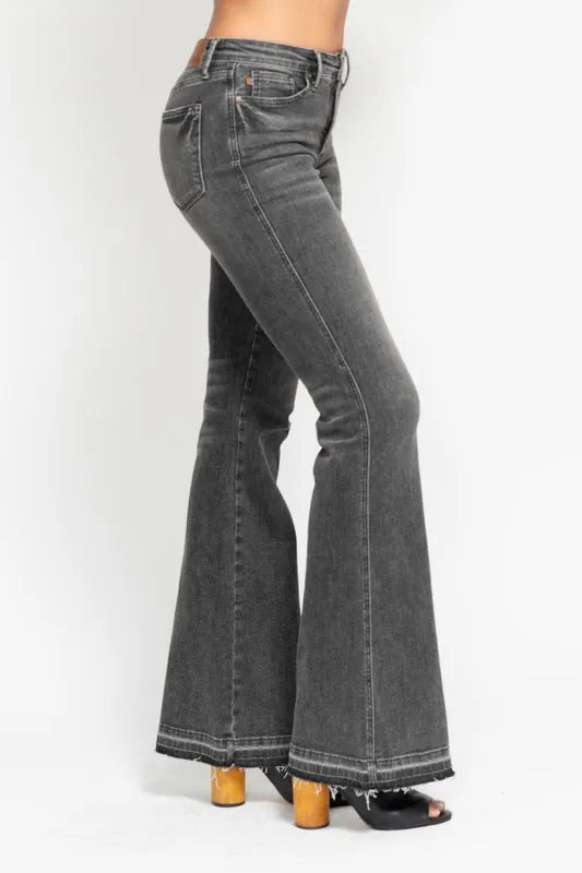 Judy Blue Full Size Mid Rise Tummy Control Washed Gray Release Hem Flare Jeans Plus Size-Denim-Krush Kandy, Women's Online Fashion Boutique Located in Phoenix, Arizona (Scottsdale Area)