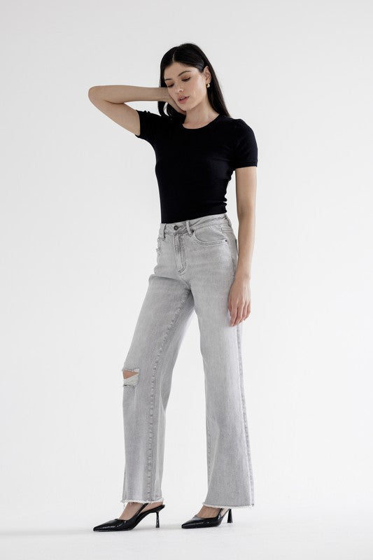 High Rise Wide Leg With Raw Hem Jeans-Denim-Krush Kandy, Women's Online Fashion Boutique Located in Phoenix, Arizona (Scottsdale Area)