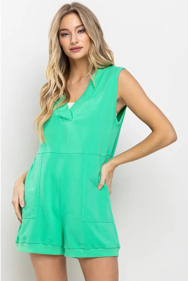 Solid V-Neck Sleeveless Romper-Jumpsuits & Rompers-Krush Kandy, Women's Online Fashion Boutique Located in Phoenix, Arizona (Scottsdale Area)