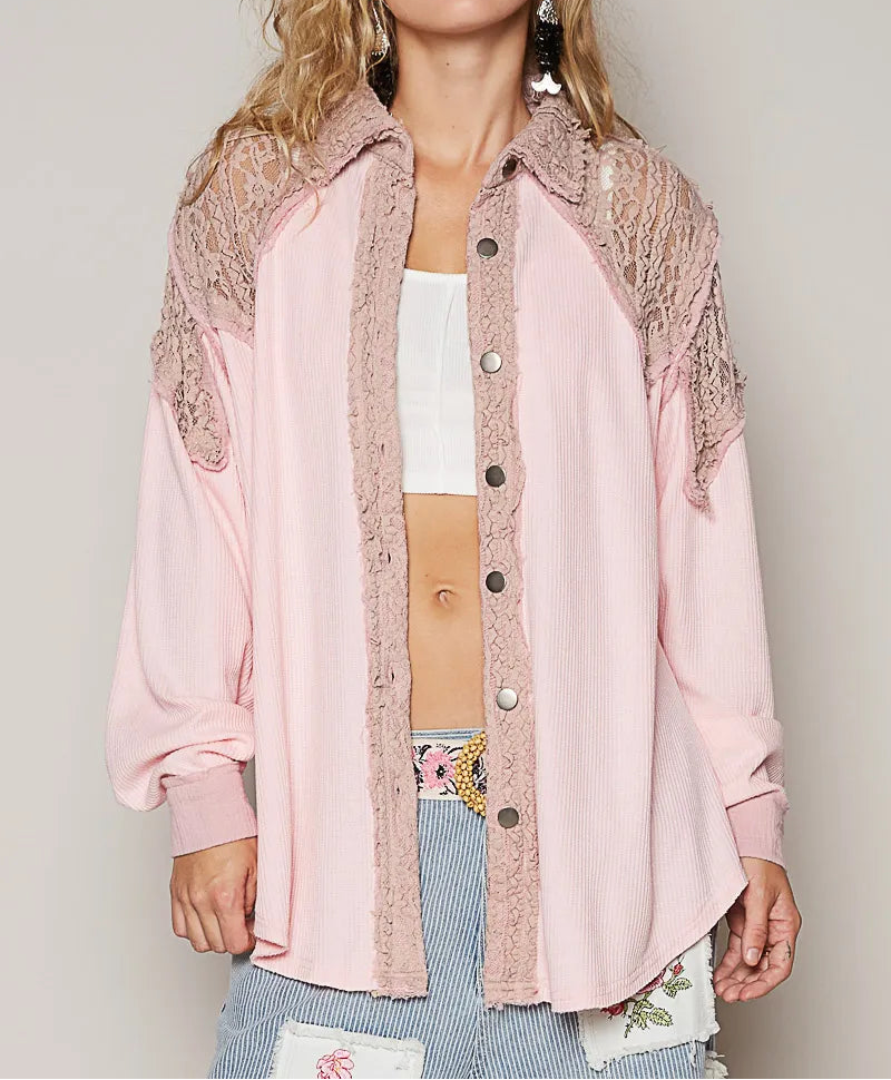POL Lace Patchwork Button Up Shacket-Jackets-Krush Kandy, Women's Online Fashion Boutique Located in Phoenix, Arizona (Scottsdale Area)