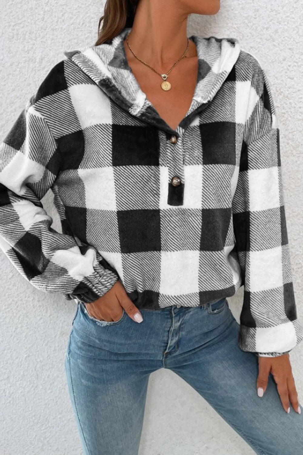 Plaid Quarter Button Dropped Shoulder Hoodie-Krush Kandy, Women's Online Fashion Boutique Located in Phoenix, Arizona (Scottsdale Area)