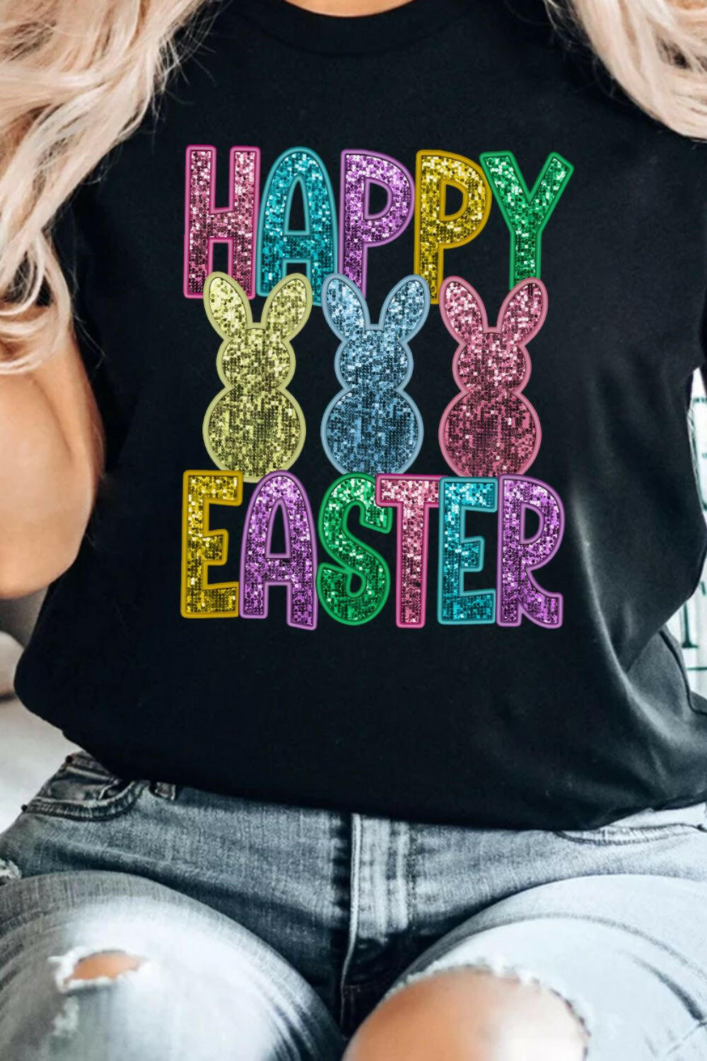 HAPPY EASTER Sequin Bunny Round Neck T-Shirt-Graphic Tees-Krush Kandy, Women's Online Fashion Boutique Located in Phoenix, Arizona (Scottsdale Area)