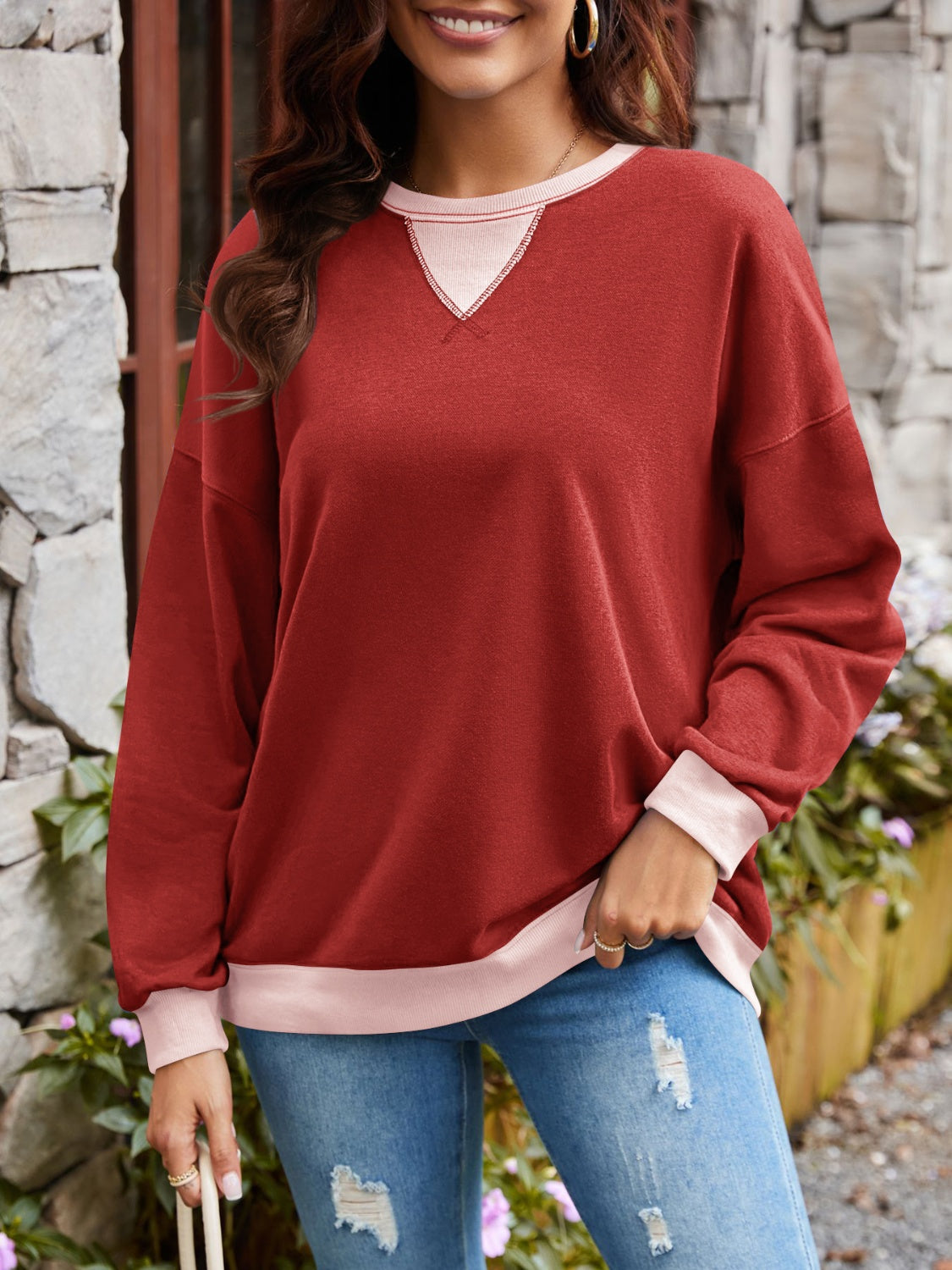 Lovelet Contrast Round Neck Long Sleeve Sweatshirt-Krush Kandy, Women's Online Fashion Boutique Located in Phoenix, Arizona (Scottsdale Area)