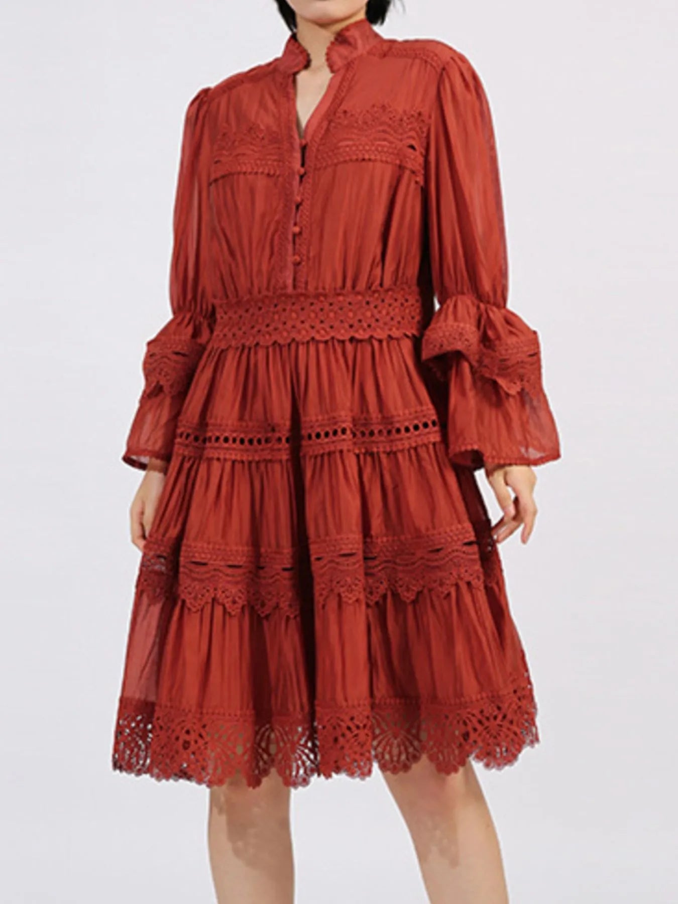 Ruffle Lace Trim Long Sleeve Dress-Dresses-Krush Kandy, Women's Online Fashion Boutique Located in Phoenix, Arizona (Scottsdale Area)