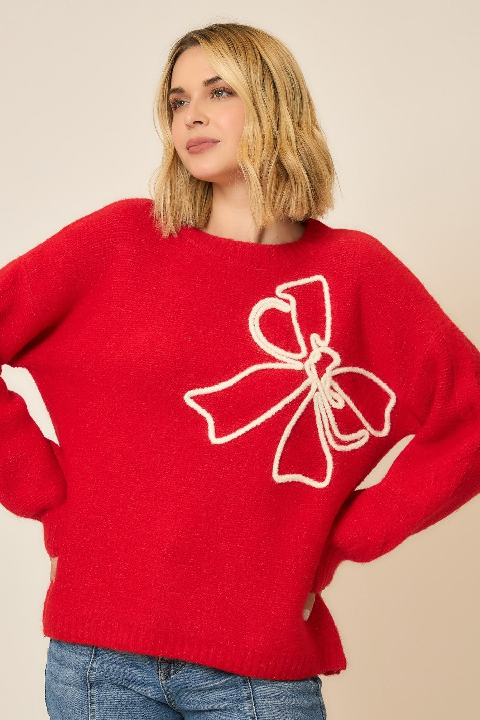 Soft Brushed Embroidered Bow Knit Sweater-Sweaters-Krush Kandy, Women's Online Fashion Boutique Located in Phoenix, Arizona (Scottsdale Area)