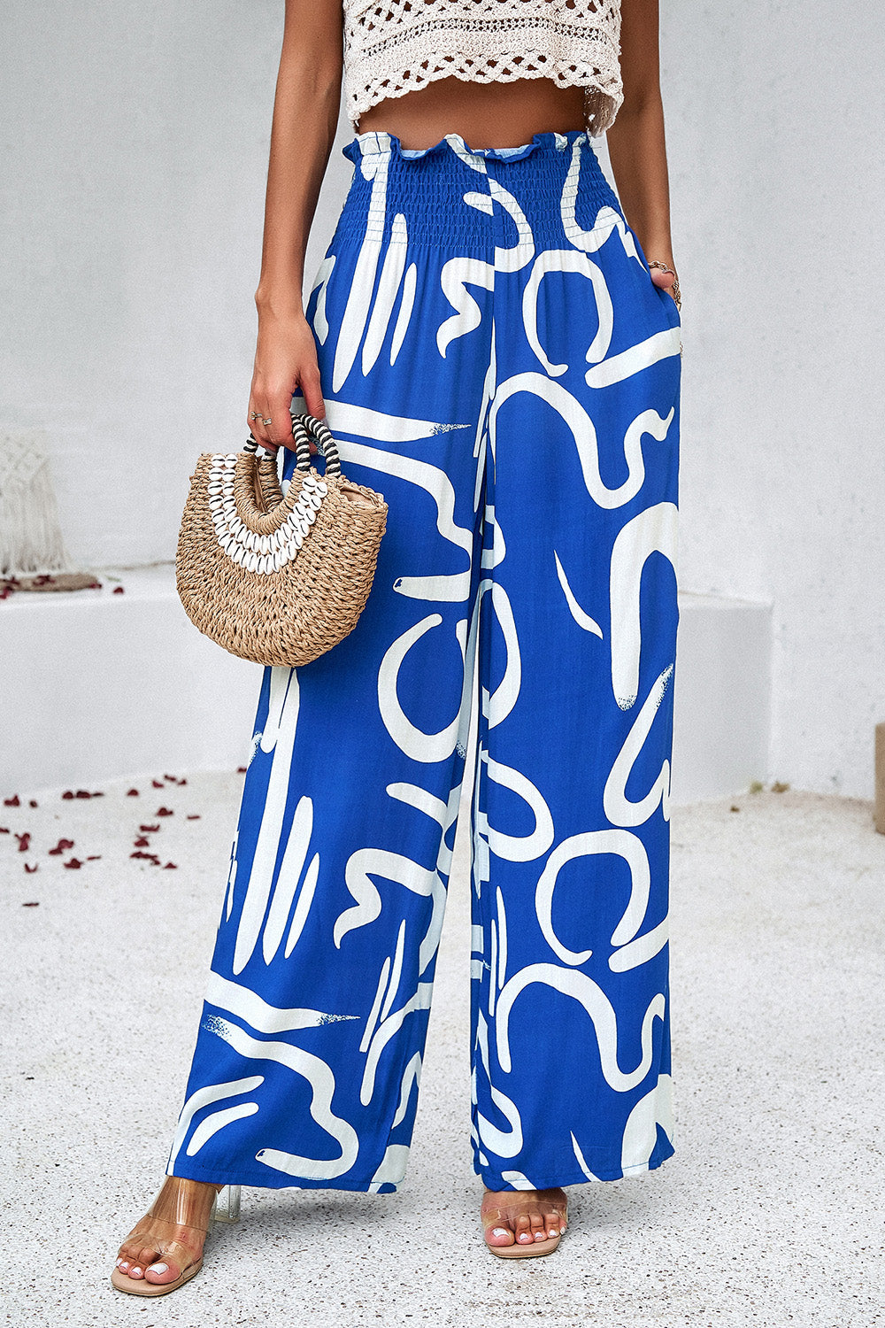 Smocked Printed Wide Leg Pants with Pockets-Pants-Krush Kandy, Women's Online Fashion Boutique Located in Phoenix, Arizona (Scottsdale Area)