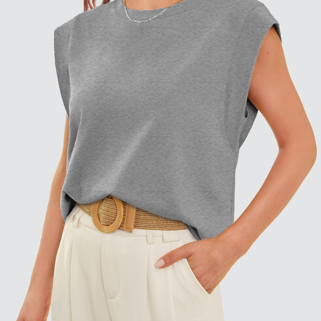 Heather Grey View. Round Neck Cap Sleeve Tank-Krush Kandy, Women's Online Fashion Boutique Located in Phoenix, Arizona (Scottsdale Area)
