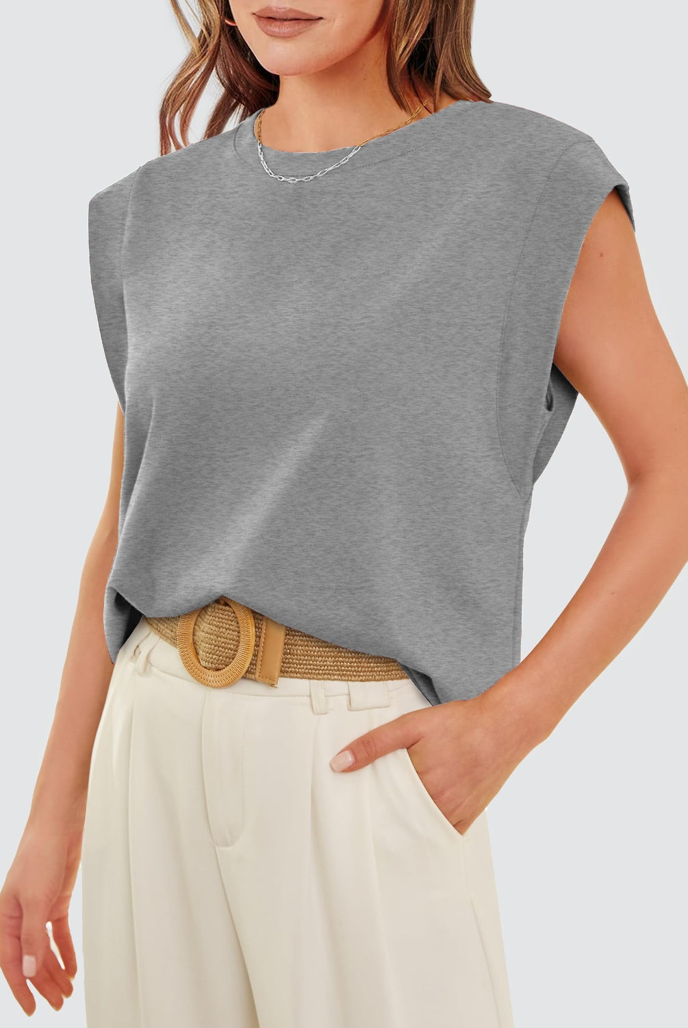 Heather Grey View. Round Neck Cap Sleeve Tank-Krush Kandy, Women's Online Fashion Boutique Located in Phoenix, Arizona (Scottsdale Area)