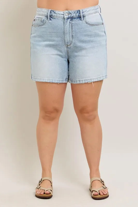 Judy Blue Full Size Frayed Hem High Rise Denim Shorts with Pockets Plus Size-Denim-Krush Kandy, Women's Online Fashion Boutique Located in Phoenix, Arizona (Scottsdale Area)