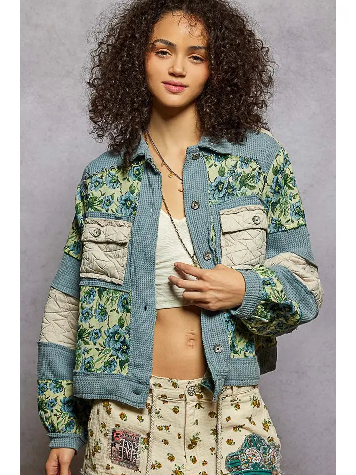 POL Vintage Washed Jacquard Color Block Jacket-Jacket-Krush Kandy, Women's Online Fashion Boutique Located in Phoenix, Arizona (Scottsdale Area)