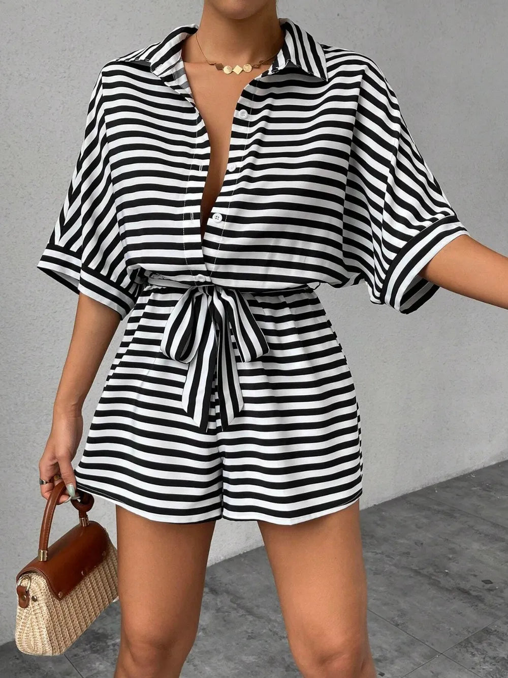 Tie Waist Half Button Striped Romper-Jumpsuits & Rompers-Krush Kandy, Women's Online Fashion Boutique Located in Phoenix, Arizona (Scottsdale Area)