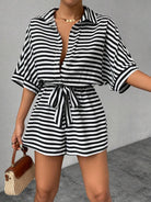 Tie Waist Half Button Striped Romper-Jumpsuits & Rompers-Krush Kandy, Women's Online Fashion Boutique Located in Phoenix, Arizona (Scottsdale Area)