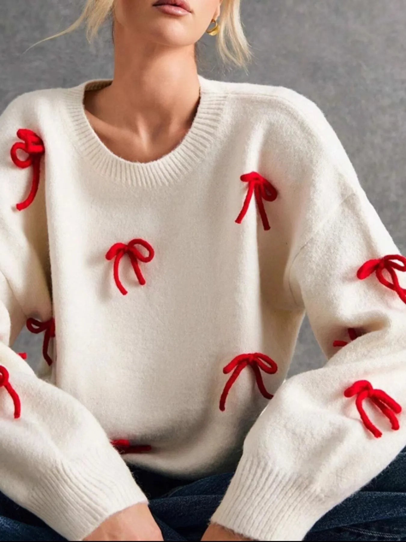 Bow Contrast Round Neck Long Sleeve Sweater-Krush Kandy, Women's Online Fashion Boutique Located in Phoenix, Arizona (Scottsdale Area)