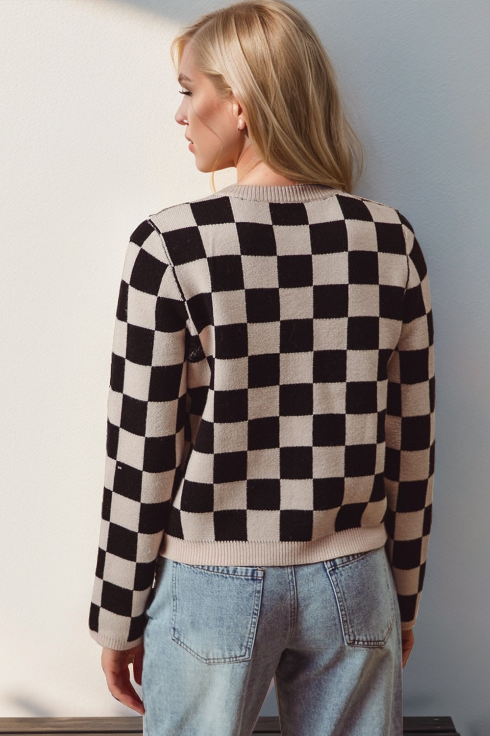 Double Take Full Size Checkered Tie Front Long Sleeve Cardigan-Sweaters-Krush Kandy, Women's Online Fashion Boutique Located in Phoenix, Arizona (Scottsdale Area)