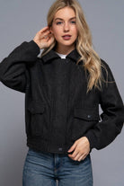 Long Sleeve Lapel Collar Soft Felt Bomber Jacket-Jackets-Krush Kandy, Women's Online Fashion Boutique Located in Phoenix, Arizona (Scottsdale Area)