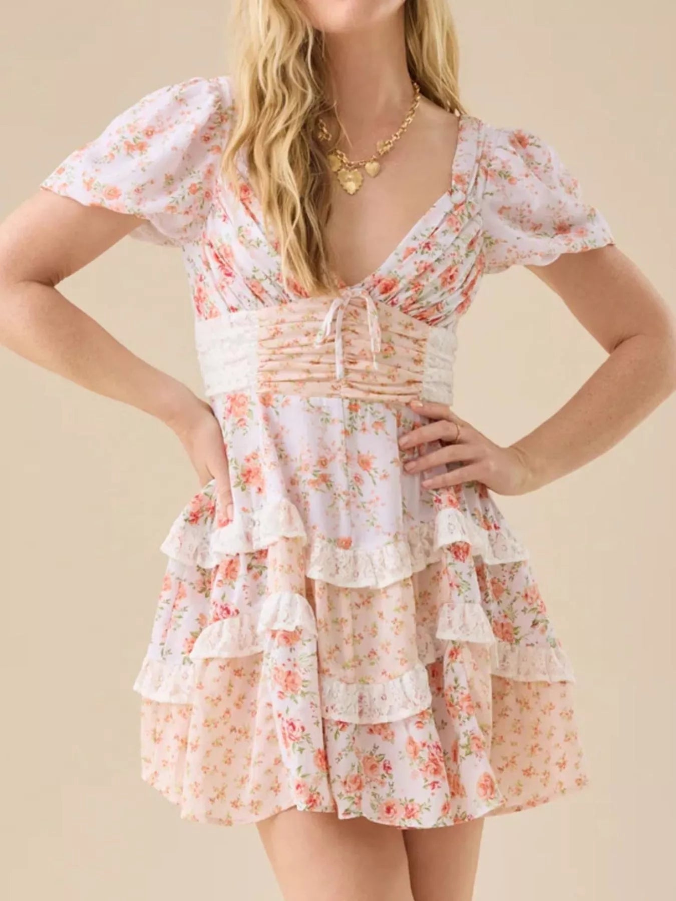 Floral Puff Sleeve Tiered Mini Dress-Dresses-Krush Kandy, Women's Online Fashion Boutique Located in Phoenix, Arizona (Scottsdale Area)