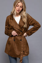 Long Sleeve Lapel Collar Self Belted Faux Suede Trench Coat-Coats-Krush Kandy, Women's Online Fashion Boutique Located in Phoenix, Arizona (Scottsdale Area)