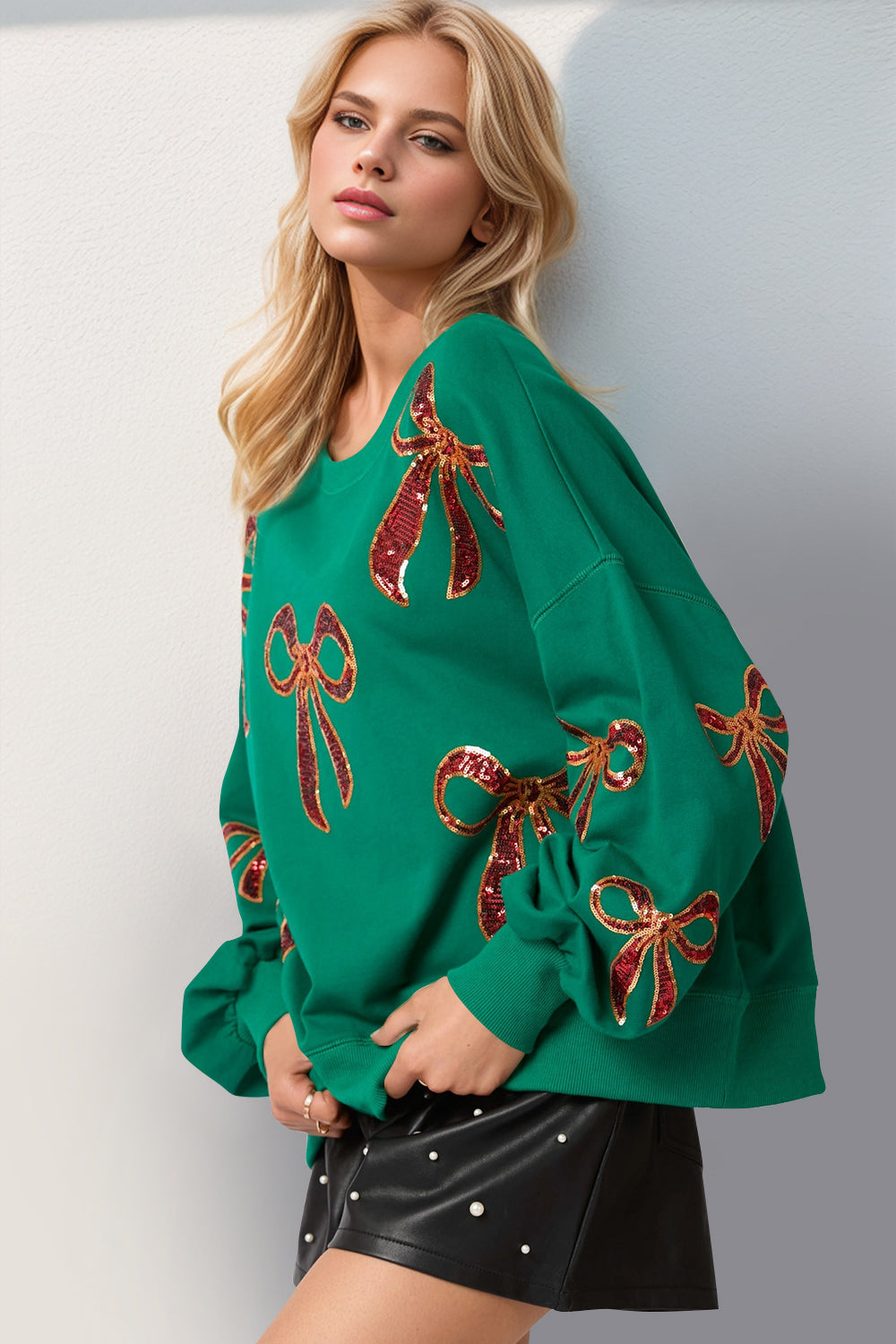 Christmas Bow Sequin Round Neck Dropped Shoulder Sweatshirt-Sweaters-Krush Kandy, Women's Online Fashion Boutique Located in Phoenix, Arizona (Scottsdale Area)