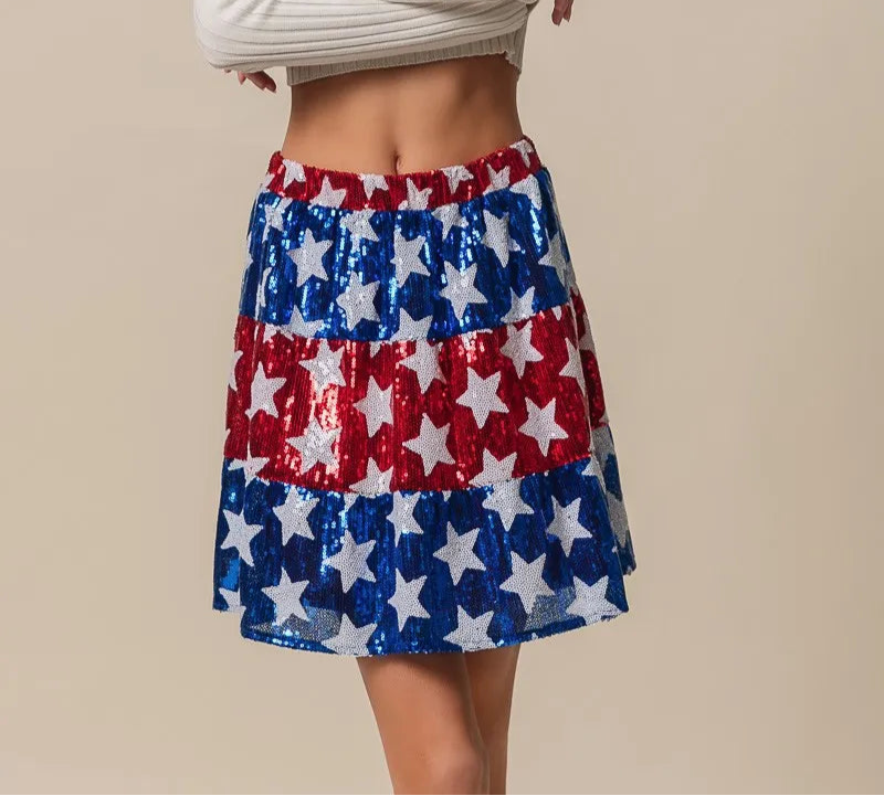 BiBi American Flag Theme Star Sequin Tiered Skirt-Skirts-Krush Kandy, Women's Online Fashion Boutique Located in Phoenix, Arizona (Scottsdale Area)
