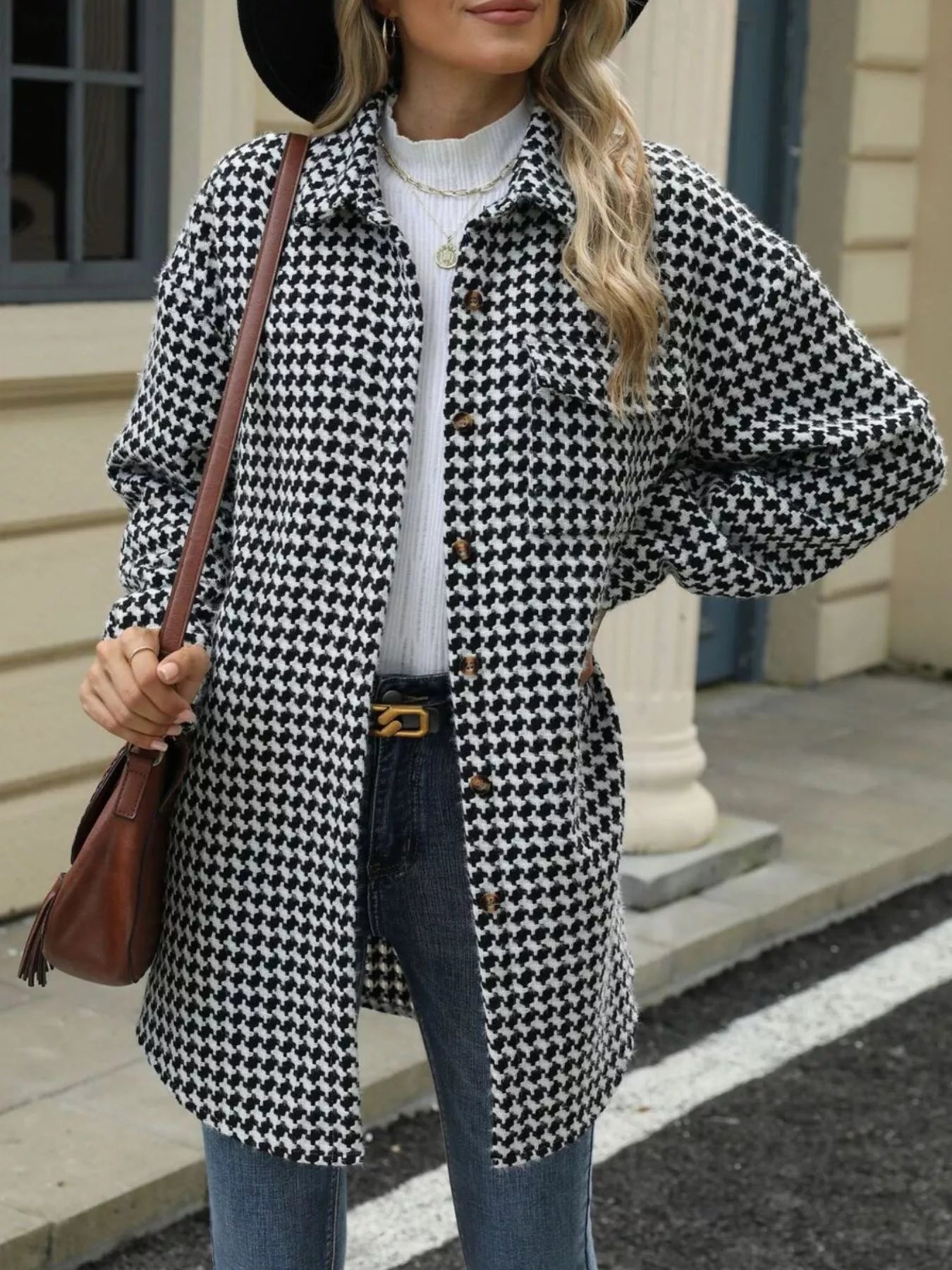Houndstooth Button Up Long Sleeve Coat-Jacket-Krush Kandy, Women's Online Fashion Boutique Located in Phoenix, Arizona (Scottsdale Area)