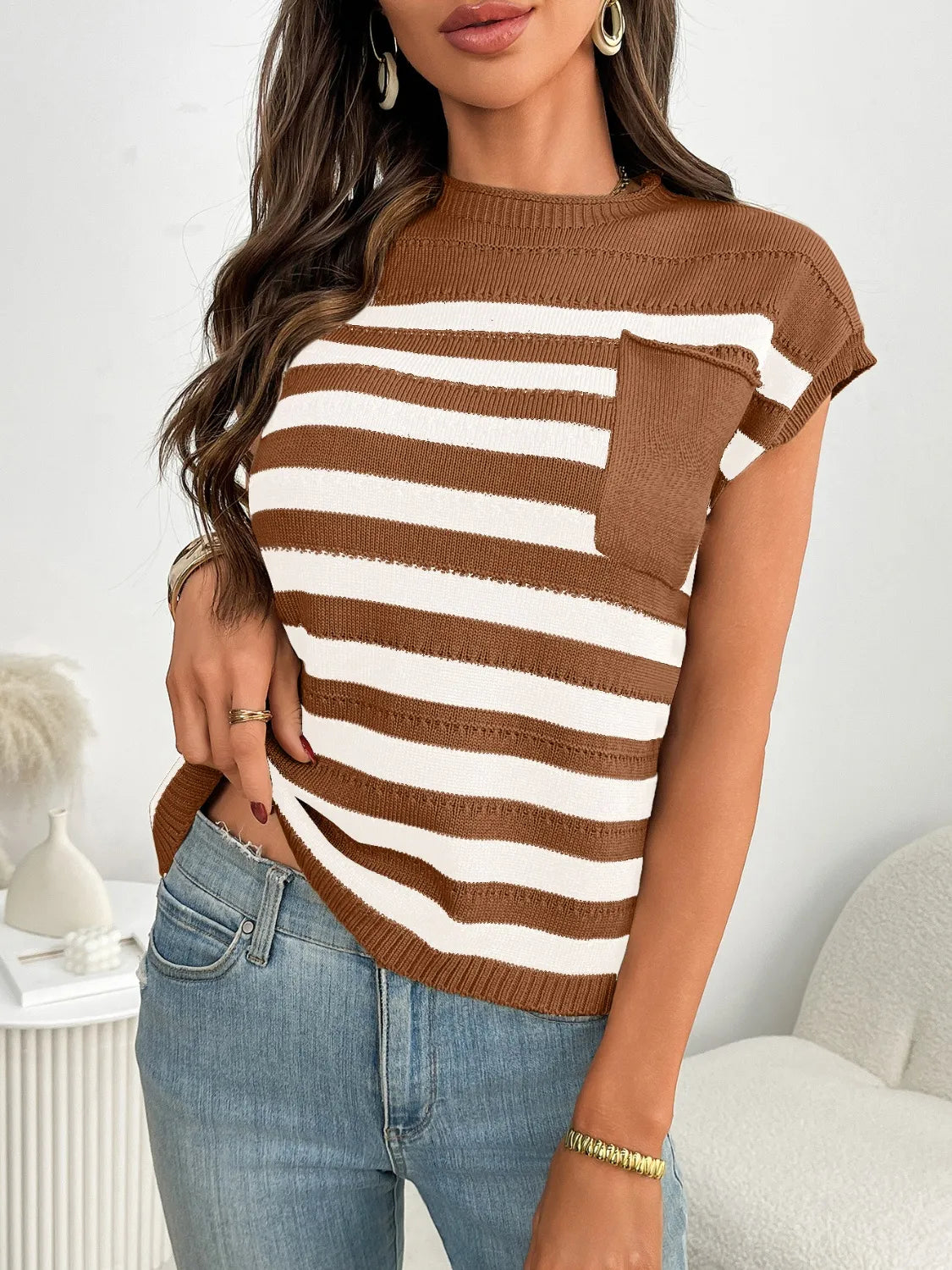 Striped Mock Neck Cap Sleeve Knit Top-Tops-Krush Kandy, Women's Online Fashion Boutique Located in Phoenix, Arizona (Scottsdale Area)
