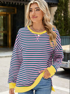 Slit Striped Round Neck Long Sleeve Sweatshirt-Krush Kandy, Women's Online Fashion Boutique Located in Phoenix, Arizona (Scottsdale Area)