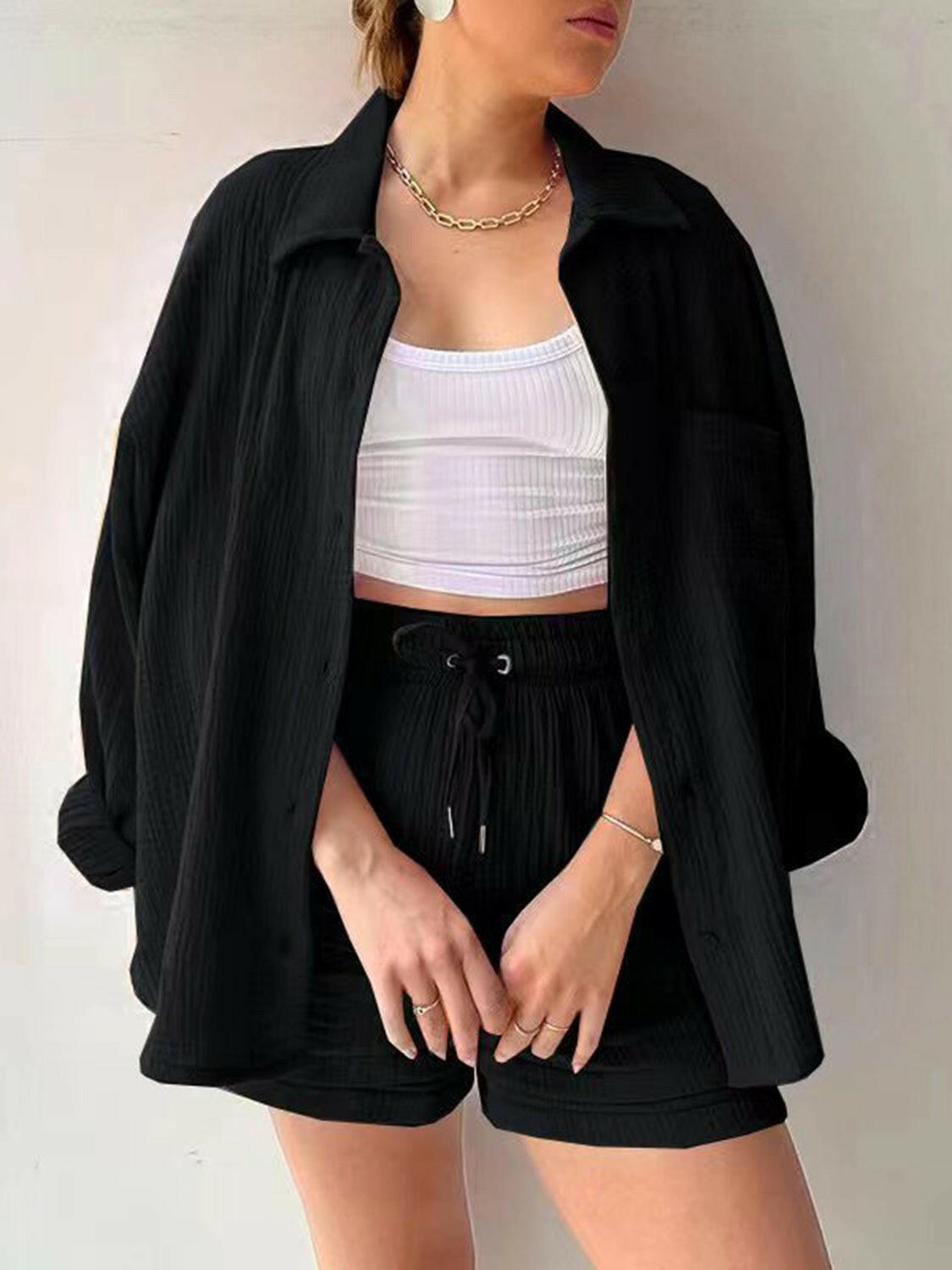 Kinsley Texture Button-Up Shirt and Drawstring Shorts Set-Krush Kandy, Women's Online Fashion Boutique Located in Phoenix, Arizona (Scottsdale Area)