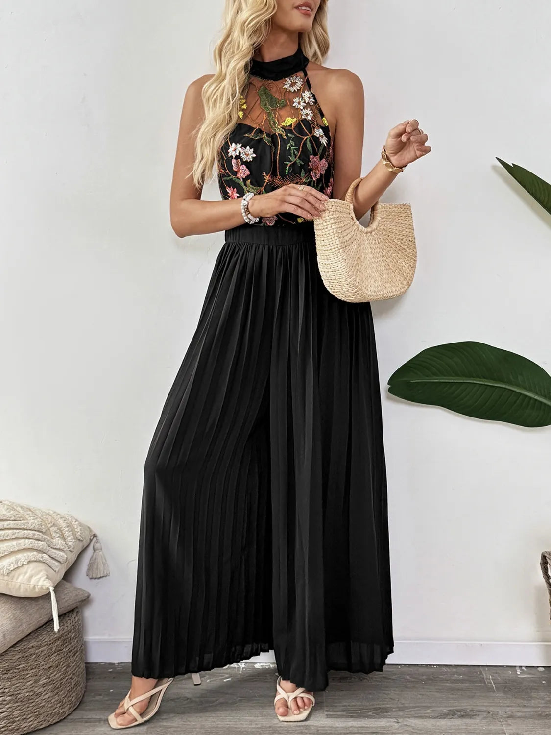 Floral Embroidered Halter Neck Pleated Jumpsuit-Jumpsuits & Rompers-Krush Kandy, Women's Online Fashion Boutique Located in Phoenix, Arizona (Scottsdale Area)