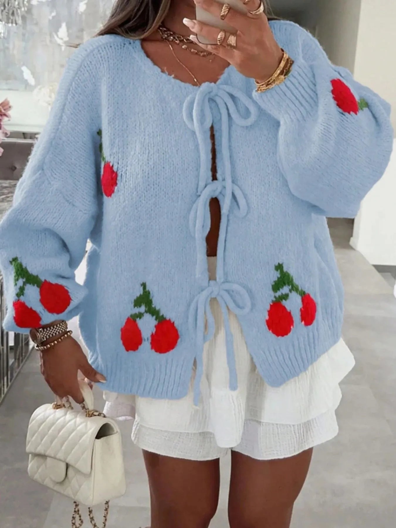 Cherry Pattern Tie-Front Oversized Cardigan-Cardigan-Krush Kandy, Women's Online Fashion Boutique Located in Phoenix, Arizona (Scottsdale Area)