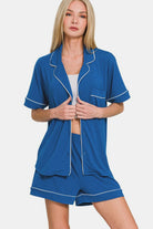 Zenana Button Down Short Sleeve Top and Shorts Lounge Set-Loungewear-Krush Kandy, Women's Online Fashion Boutique Located in Phoenix, Arizona (Scottsdale Area)