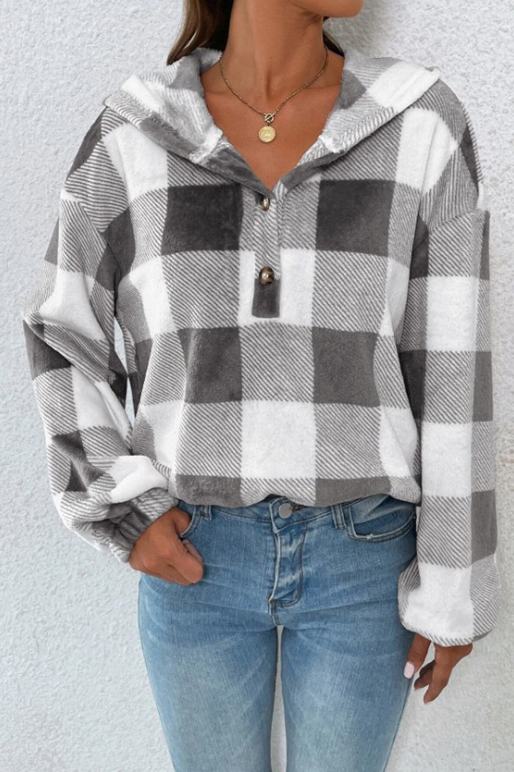 Plaid Quarter Button Dropped Shoulder Hoodie-Krush Kandy, Women's Online Fashion Boutique Located in Phoenix, Arizona (Scottsdale Area)