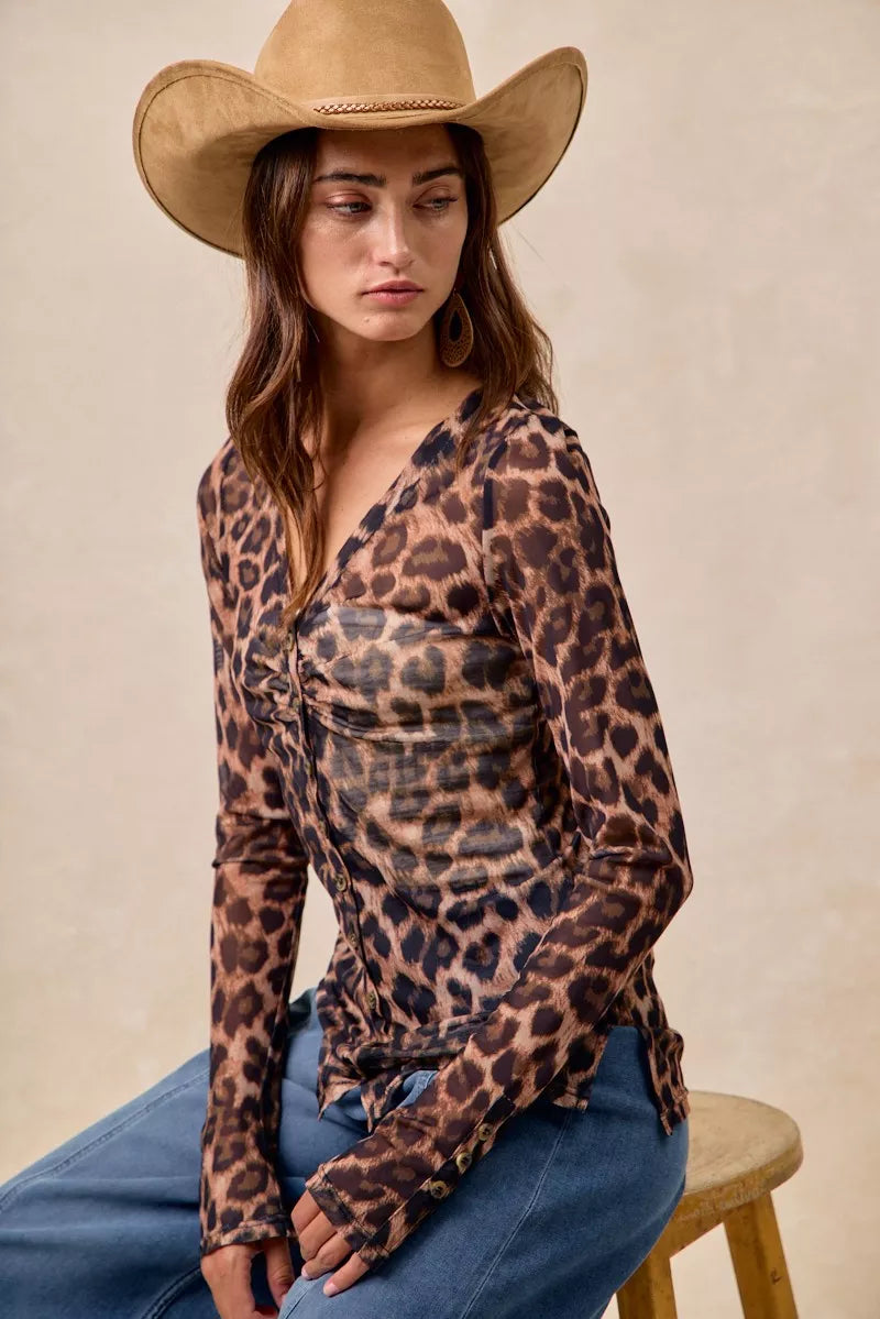 BiBi Leopard Printed Mesh Shirt With Button Up V Neck-Tops-Krush Kandy, Women's Online Fashion Boutique Located in Phoenix, Arizona (Scottsdale Area)