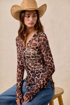 BiBi Leopard Printed Mesh Shirt With Button Up V Neck-Tops-Krush Kandy, Women's Online Fashion Boutique Located in Phoenix, Arizona (Scottsdale Area)