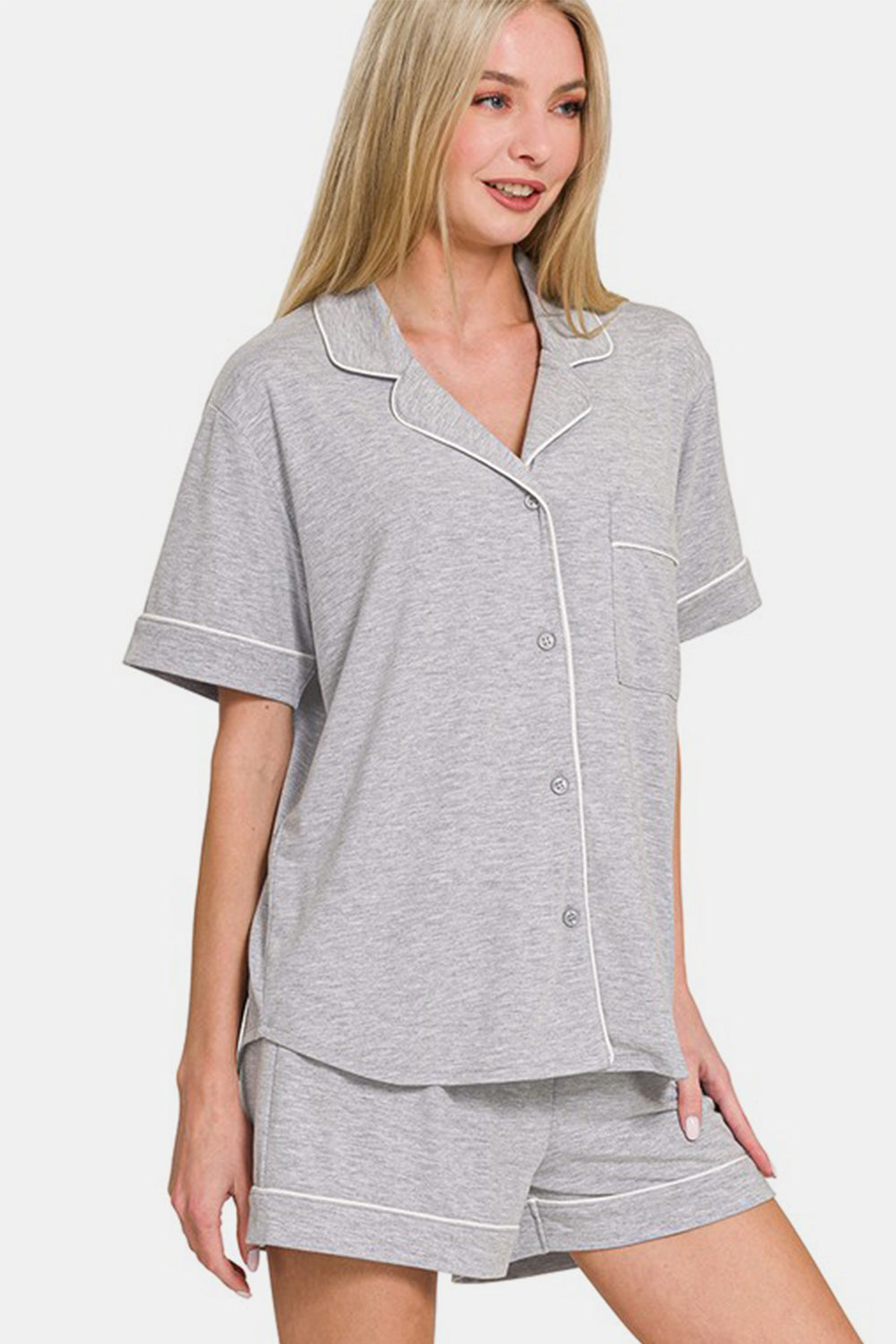 Zenana Button Down Short Sleeve Top and Shorts Lounge Set-Loungewear-Krush Kandy, Women's Online Fashion Boutique Located in Phoenix, Arizona (Scottsdale Area)