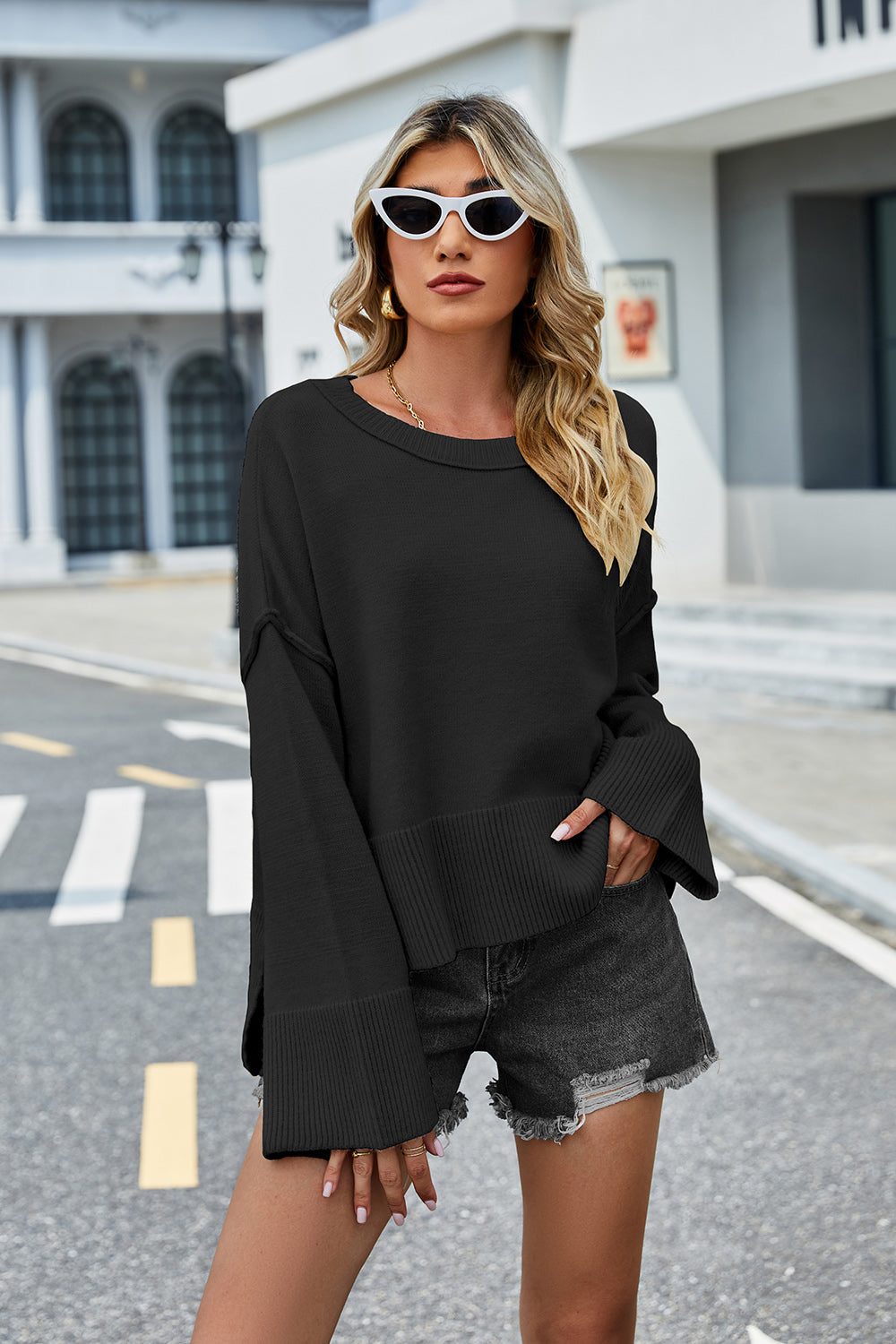 High-Low Slit Round Neck Long Sleeve Sweater-Krush Kandy, Women's Online Fashion Boutique Located in Phoenix, Arizona (Scottsdale Area)