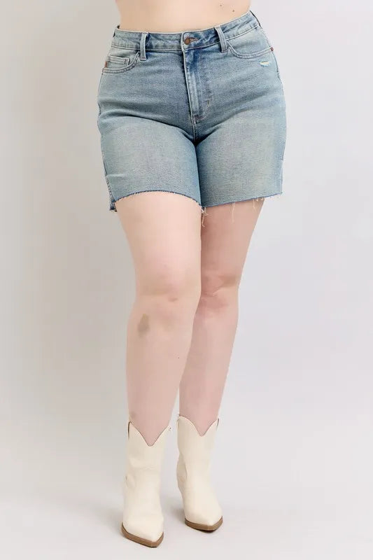 Judy Blue Full Size High Waist Vintage Wash Side Slit Denim Shorts Plus Size-Denim-Krush Kandy, Women's Online Fashion Boutique Located in Phoenix, Arizona (Scottsdale Area)