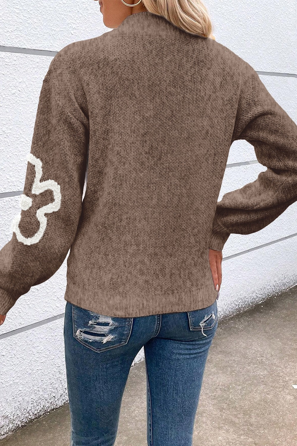 Flower Half Zip Dropped Shoulder Sweater-Krush Kandy, Women's Online Fashion Boutique Located in Phoenix, Arizona (Scottsdale Area)