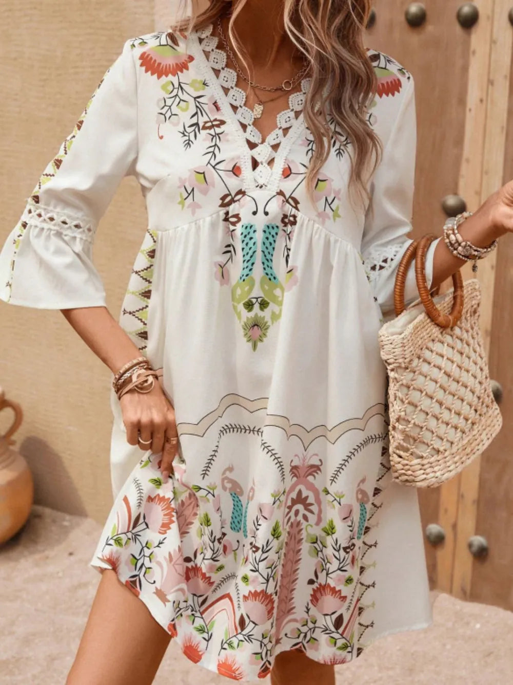 Lace Detail Printed Three-Quarter Sleeve Dress-Dresses-Krush Kandy, Women's Online Fashion Boutique Located in Phoenix, Arizona (Scottsdale Area)