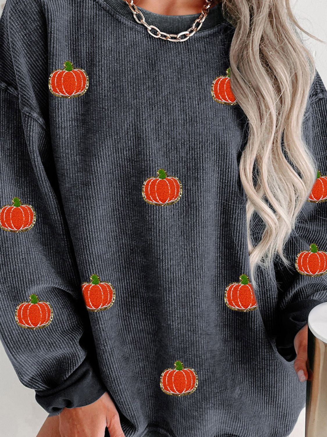 Pumpkin Round Neck Long Sleeve Sweatshirt-Krush Kandy, Women's Online Fashion Boutique Located in Phoenix, Arizona (Scottsdale Area)