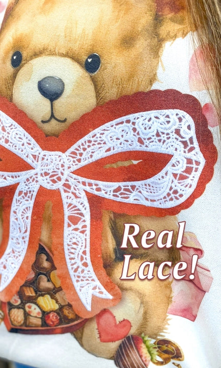 Teddy Bear Lace Bow Valentine Sweatshirt-Graphic Tees-Krush Kandy, Women's Online Fashion Boutique Located in Phoenix, Arizona (Scottsdale Area)