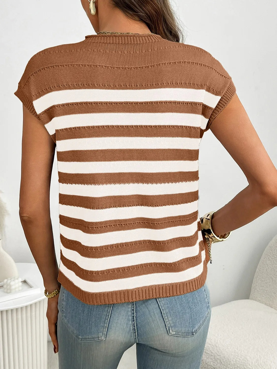 Striped Mock Neck Cap Sleeve Knit Top-Tops-Krush Kandy, Women's Online Fashion Boutique Located in Phoenix, Arizona (Scottsdale Area)