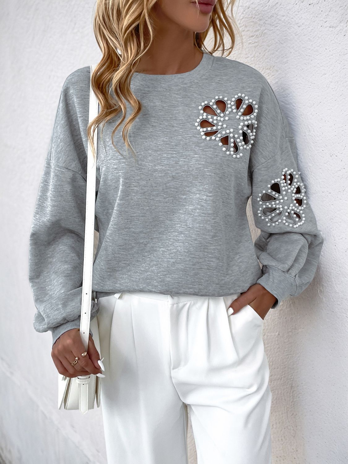 Perfee Cutout Pearl Round Neck Long Sleeve Sweatshirt-Krush Kandy, Women's Online Fashion Boutique Located in Phoenix, Arizona (Scottsdale Area)